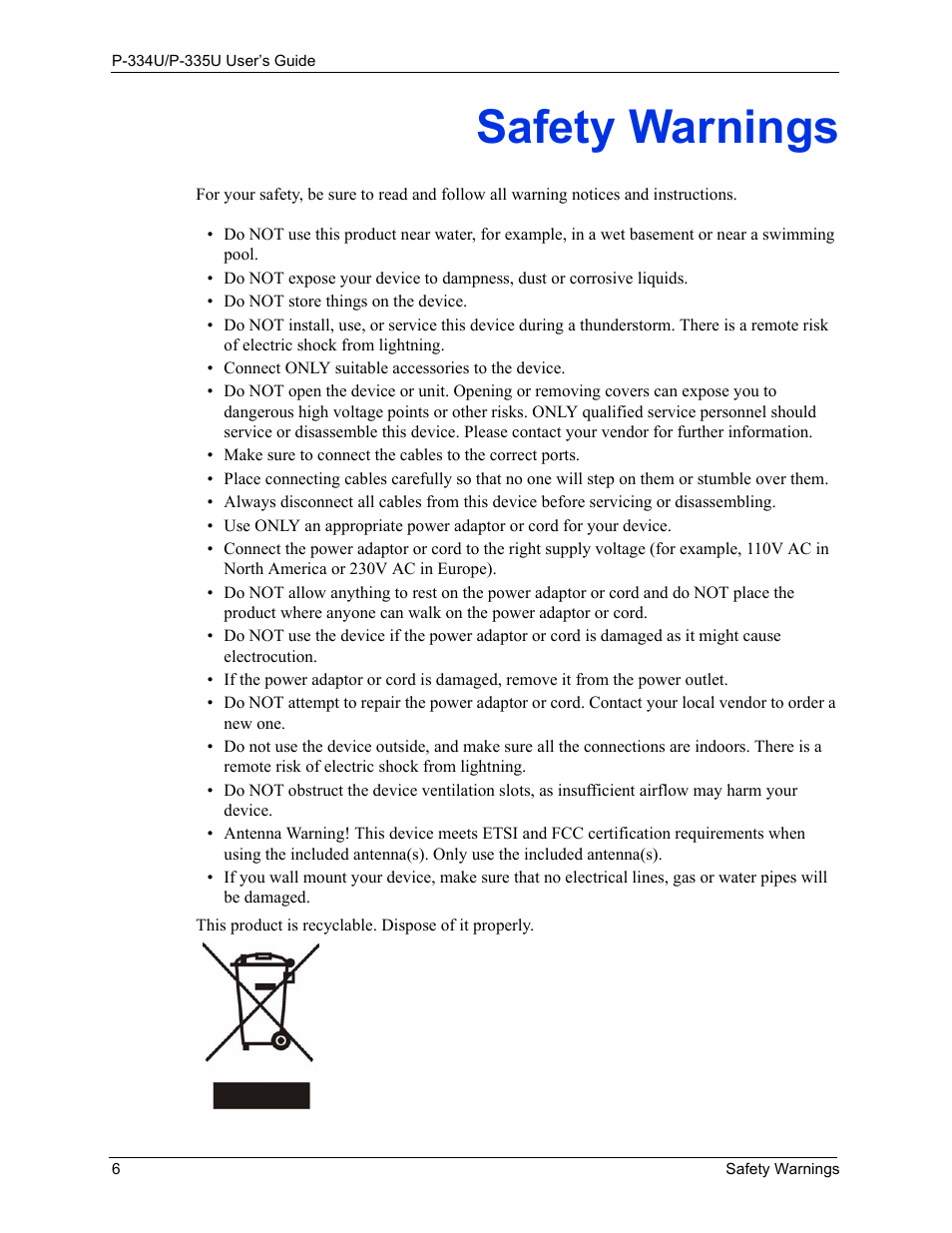 Safety warnings | ZyXEL Communications P-334U User Manual | Page 6 / 335