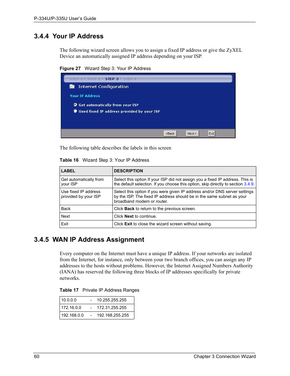 4 your ip address, 5 wan ip address assignment, 4 your ip address 3.4.5 wan ip address assignment | Figure 27 wizard step 3: your ip address | ZyXEL Communications P-334U User Manual | Page 60 / 335