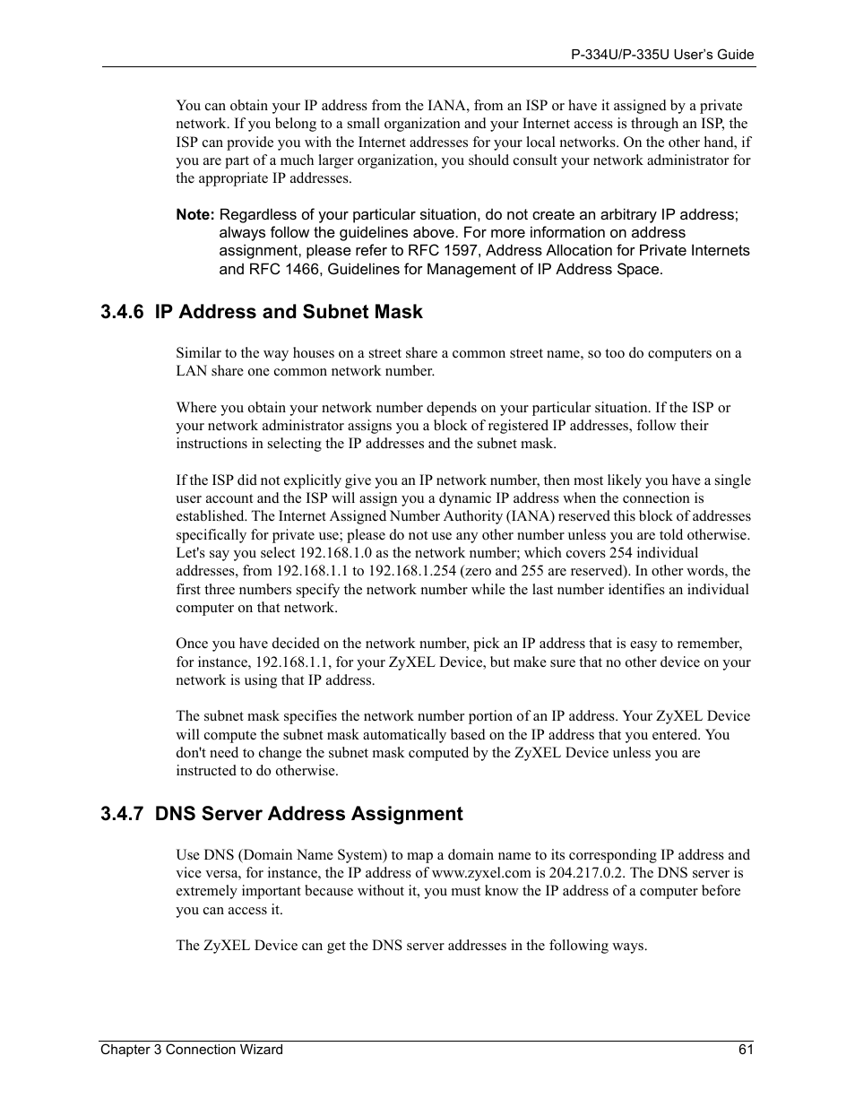 6 ip address and subnet mask, 7 dns server address assignment | ZyXEL Communications P-334U User Manual | Page 61 / 335