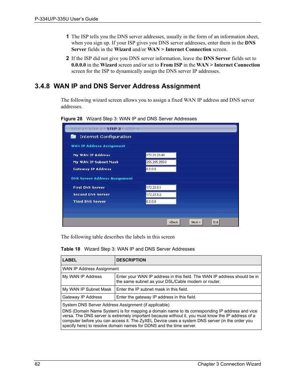 8 wan ip and dns server address assignment | ZyXEL Communications P-334U User Manual | Page 62 / 335