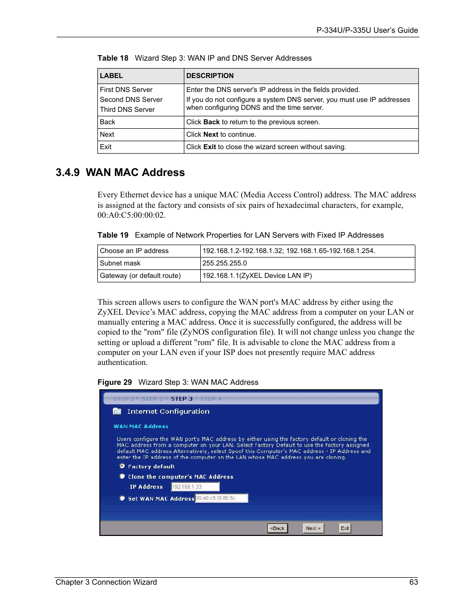 9 wan mac address, Figure 29 wizard step 3: wan mac address | ZyXEL Communications P-334U User Manual | Page 63 / 335