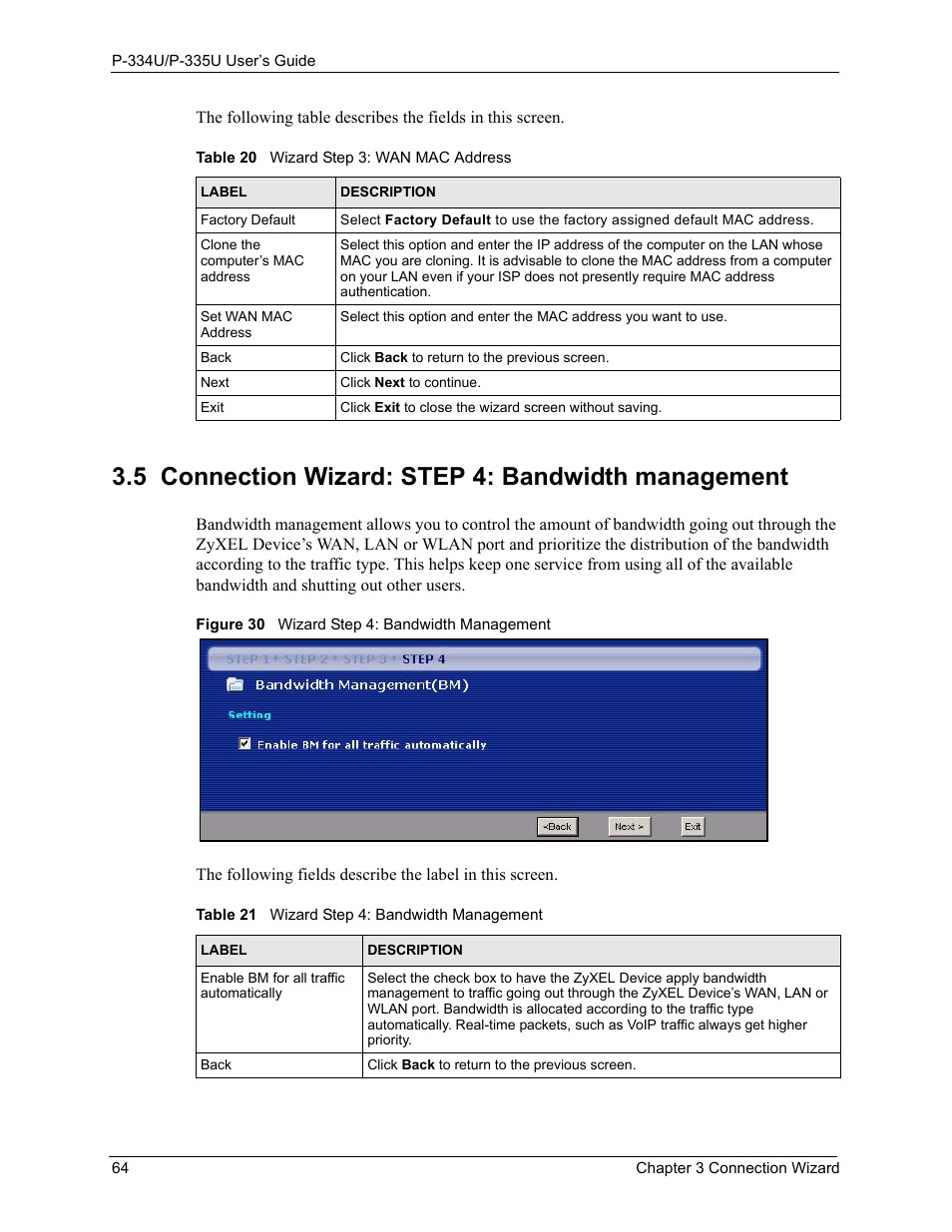 5 connection wizard: step 4: bandwidth management, Figure 30 wizard step 4: bandwidth management | ZyXEL Communications P-334U User Manual | Page 64 / 335