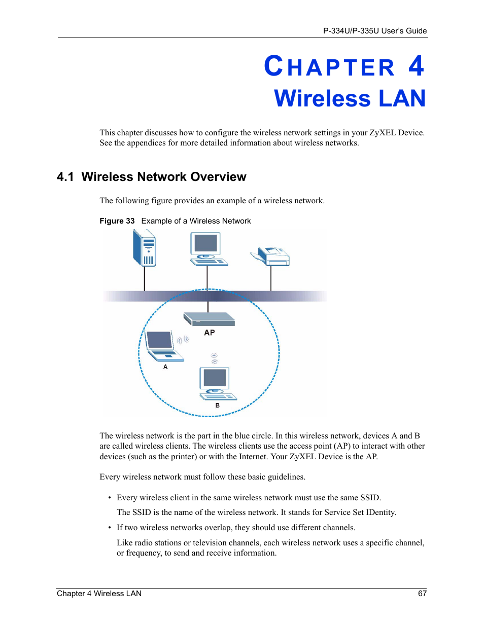 Wireless lan, 1 wireless network overview, Chapter 4 wireless lan | Figure 33 example of a wireless network | ZyXEL Communications P-334U User Manual | Page 67 / 335