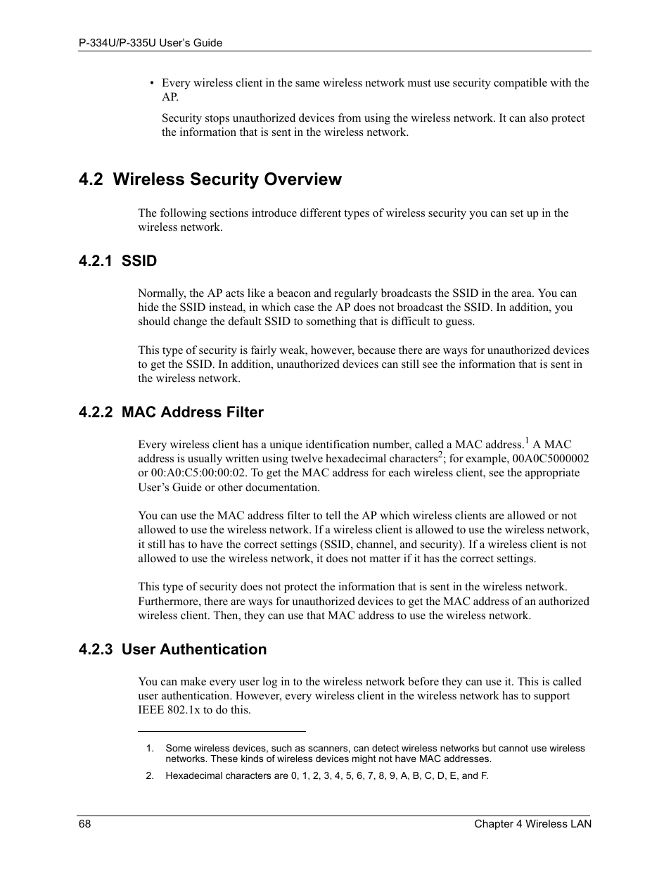 2 wireless security overview, 1 ssid, 2 mac address filter | 3 user authentication | ZyXEL Communications P-334U User Manual | Page 68 / 335