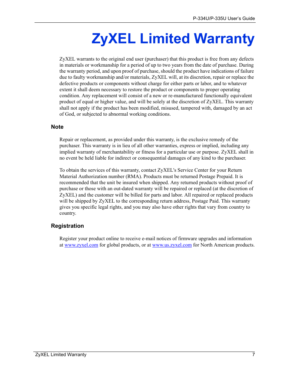 Zyxel limited warranty | ZyXEL Communications P-334U User Manual | Page 7 / 335