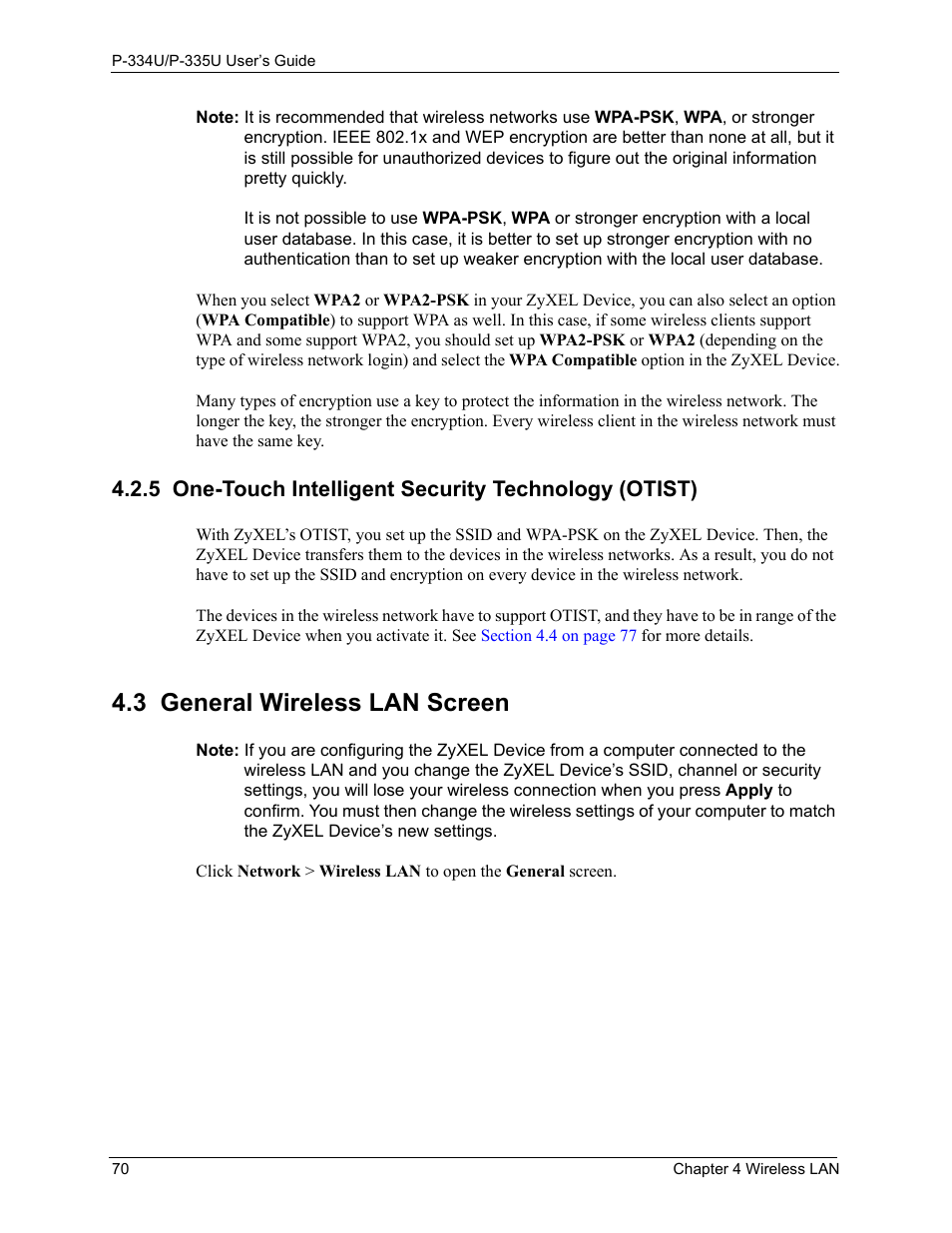 3 general wireless lan screen | ZyXEL Communications P-334U User Manual | Page 70 / 335