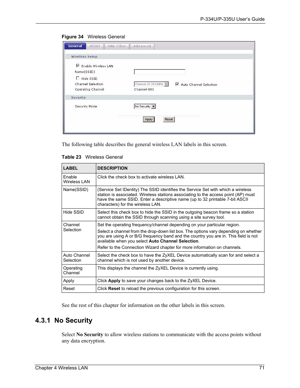 1 no security, Figure 34 wireless general, Table 23 wireless general | ZyXEL Communications P-334U User Manual | Page 71 / 335