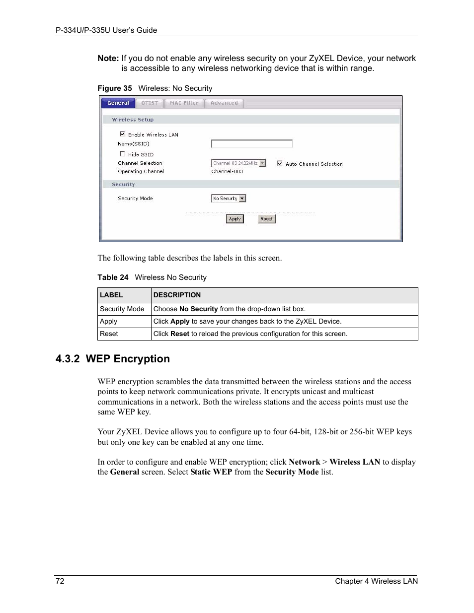 2 wep encryption, Figure 35 wireless: no security, Table 24 wireless no security | ZyXEL Communications P-334U User Manual | Page 72 / 335