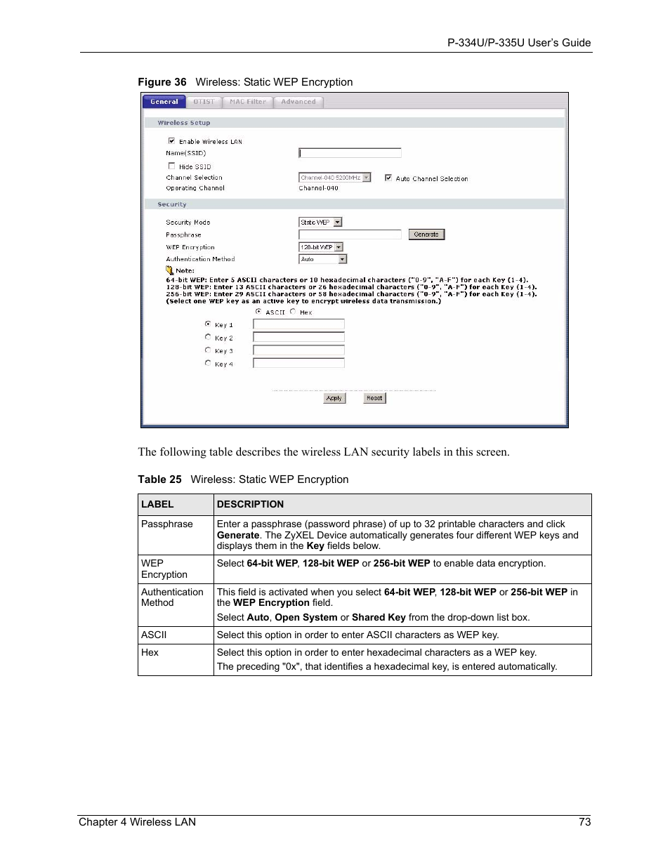 Figure 36 wireless: static wep encryption, Table 25 wireless: static wep encryption | ZyXEL Communications P-334U User Manual | Page 73 / 335