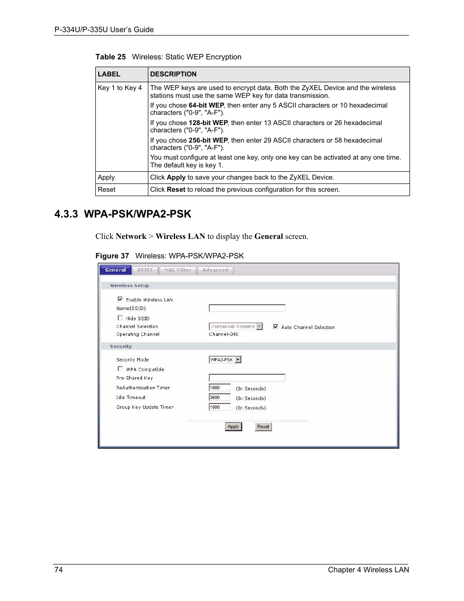 3 wpa-psk/wpa2-psk, Figure 37 wireless: wpa-psk/wpa2-psk | ZyXEL Communications P-334U User Manual | Page 74 / 335