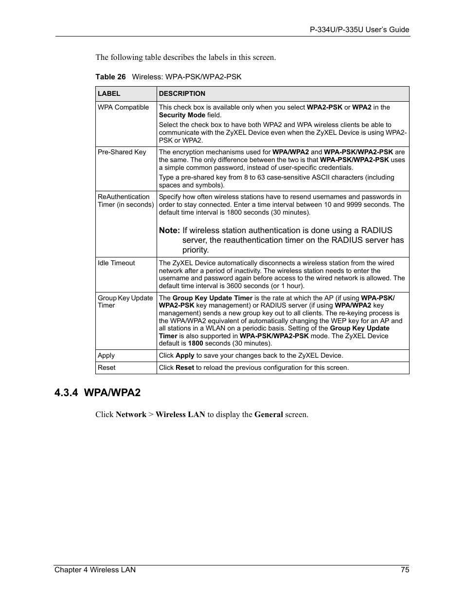 4 wpa/wpa2, Table 26 wireless: wpa-psk/wpa2-psk | ZyXEL Communications P-334U User Manual | Page 75 / 335