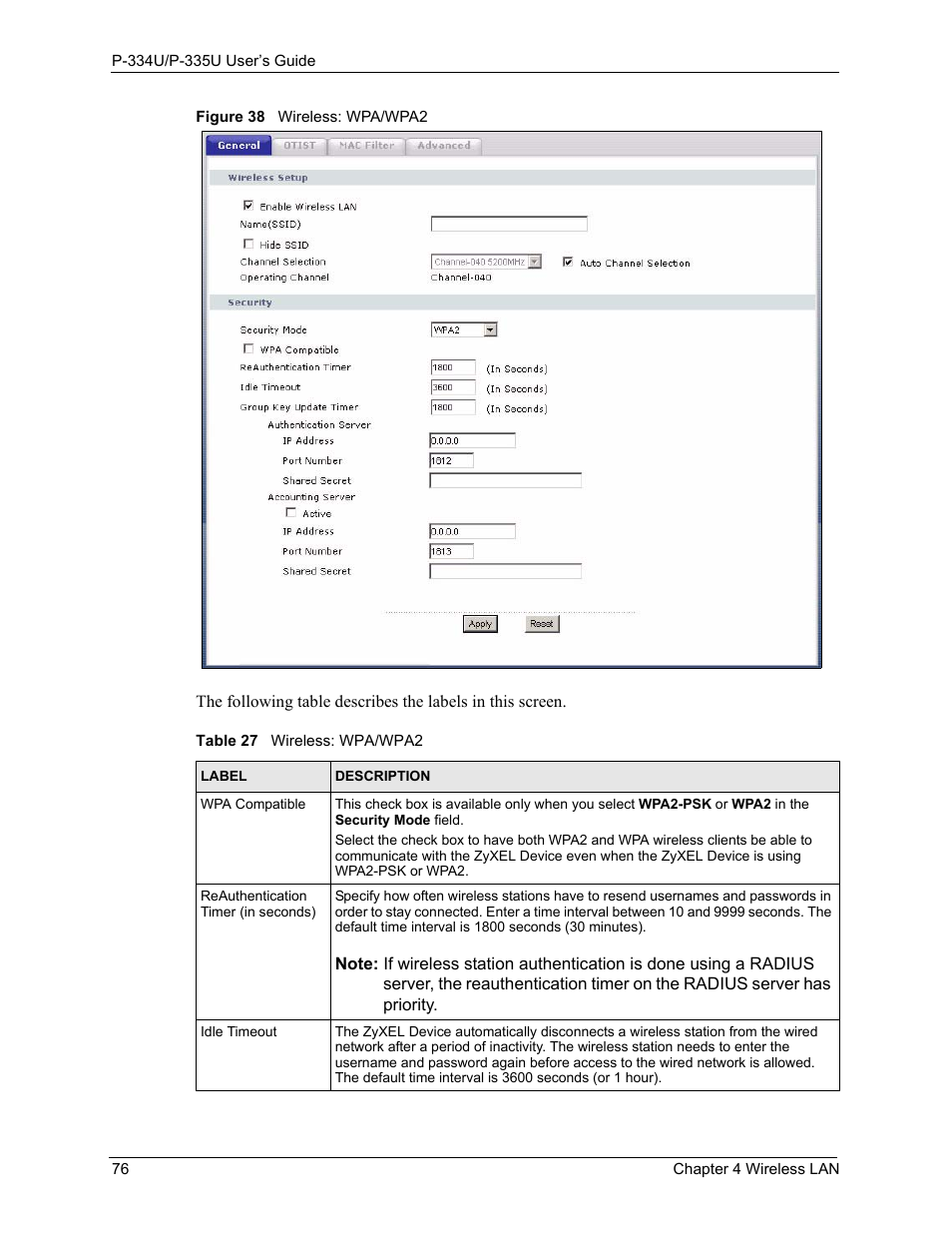 Figure 38 wireless: wpa/wpa2, Table 27 wireless: wpa/wpa2 | ZyXEL Communications P-334U User Manual | Page 76 / 335