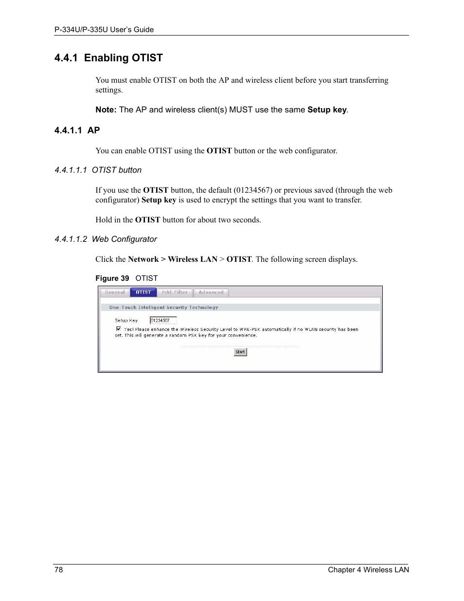 1 enabling otist, 1 ap, Figure 39 otist | ZyXEL Communications P-334U User Manual | Page 78 / 335