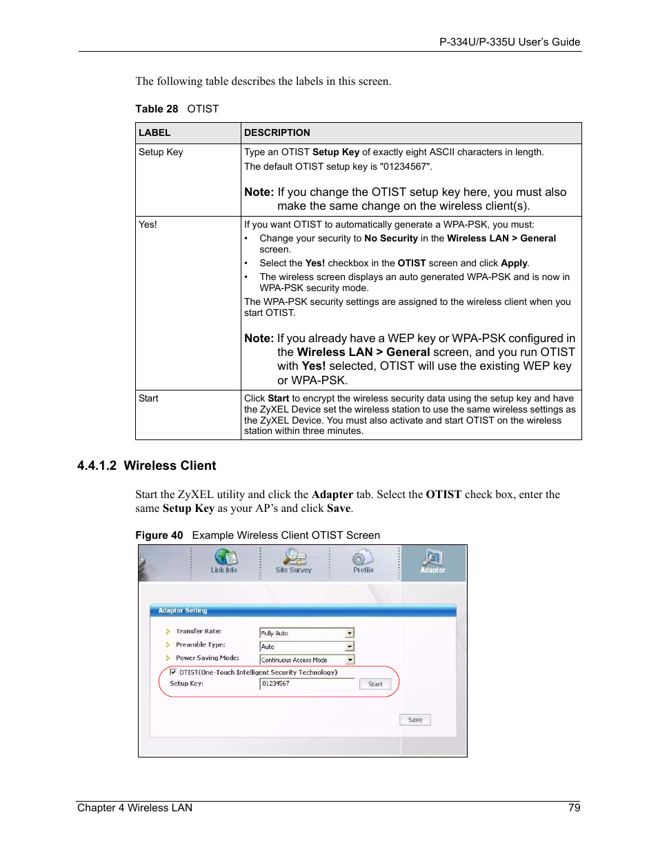 2 wireless client, Figure 40 example wireless client otist screen, Table 28 otist | ZyXEL Communications P-334U User Manual | Page 79 / 335