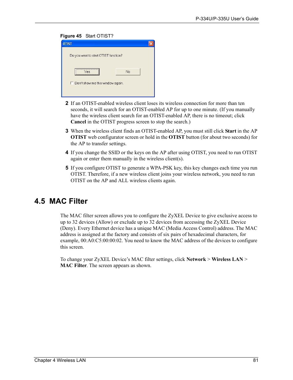 5 mac filter, Figure 45 start otist | ZyXEL Communications P-334U User Manual | Page 81 / 335