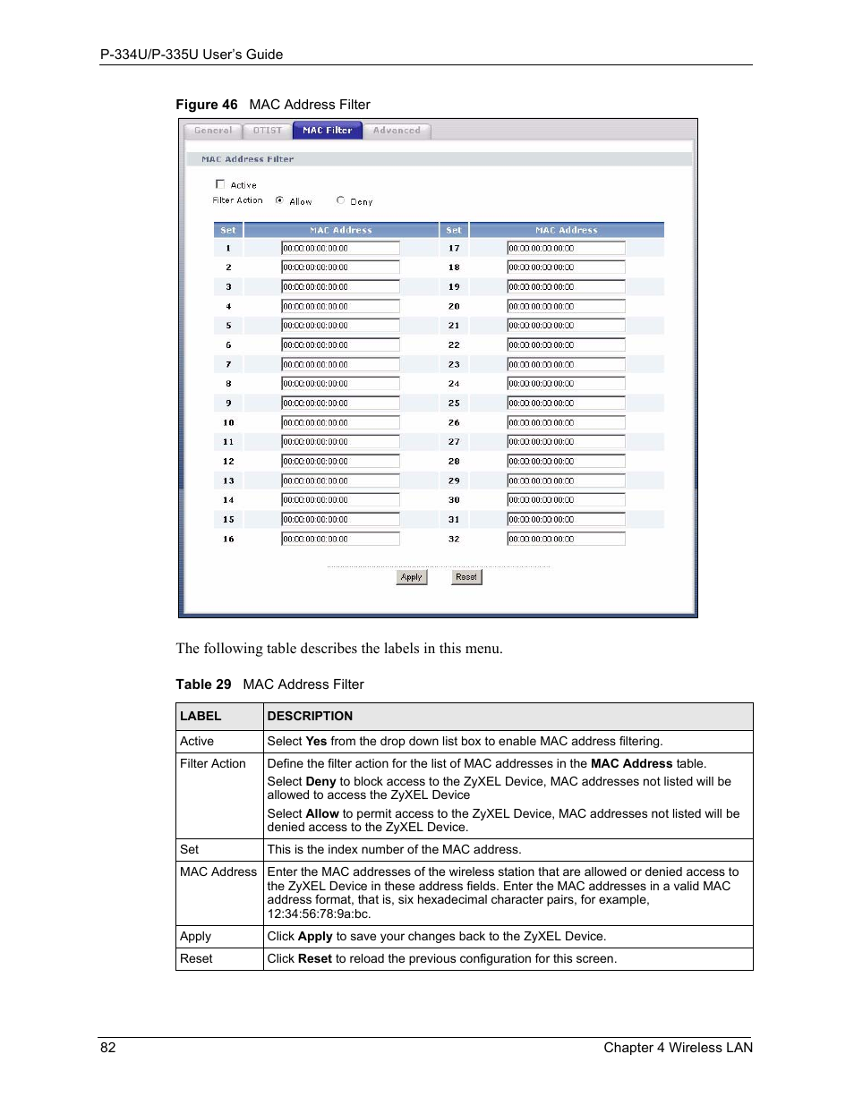 Figure 46 mac address filter, Table 29 mac address filter | ZyXEL Communications P-334U User Manual | Page 82 / 335