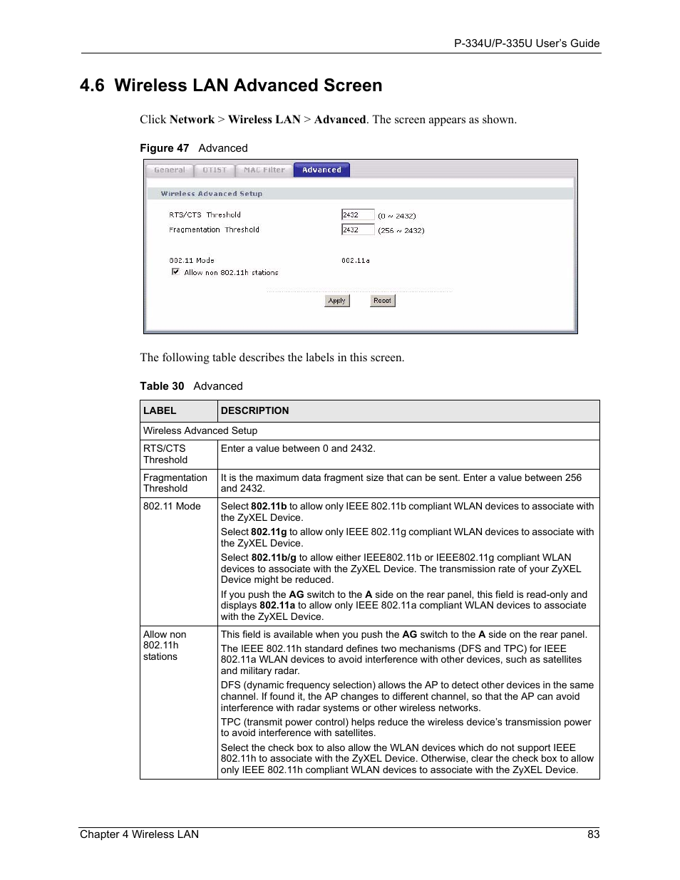 6 wireless lan advanced screen, Figure 47 advanced, Table 30 advanced | ZyXEL Communications P-334U User Manual | Page 83 / 335