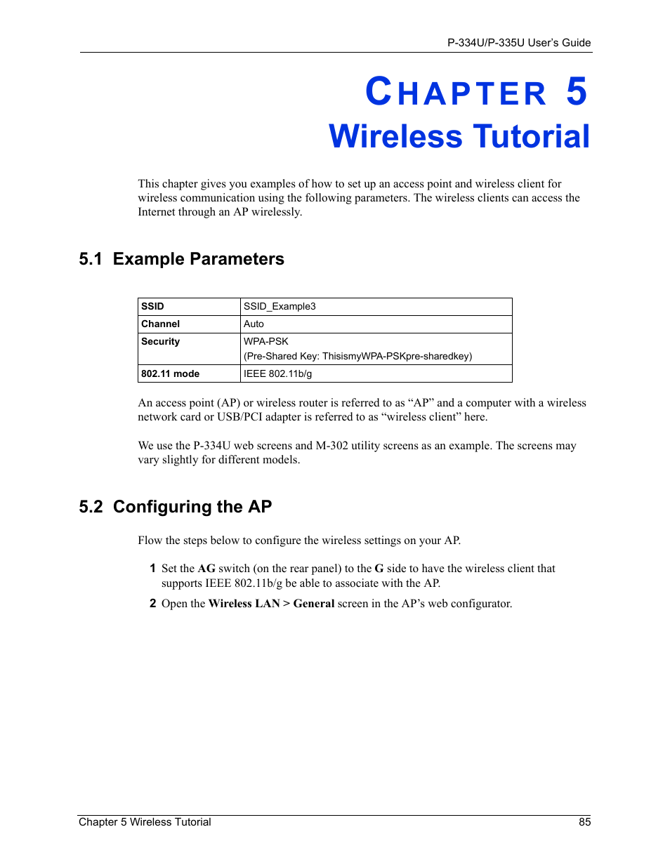 Wireless tutorial, 1 example parameters, 2 configuring the ap | Chapter 5 wireless tutorial, 1 example parameters 5.2 configuring the ap | ZyXEL Communications P-334U User Manual | Page 85 / 335