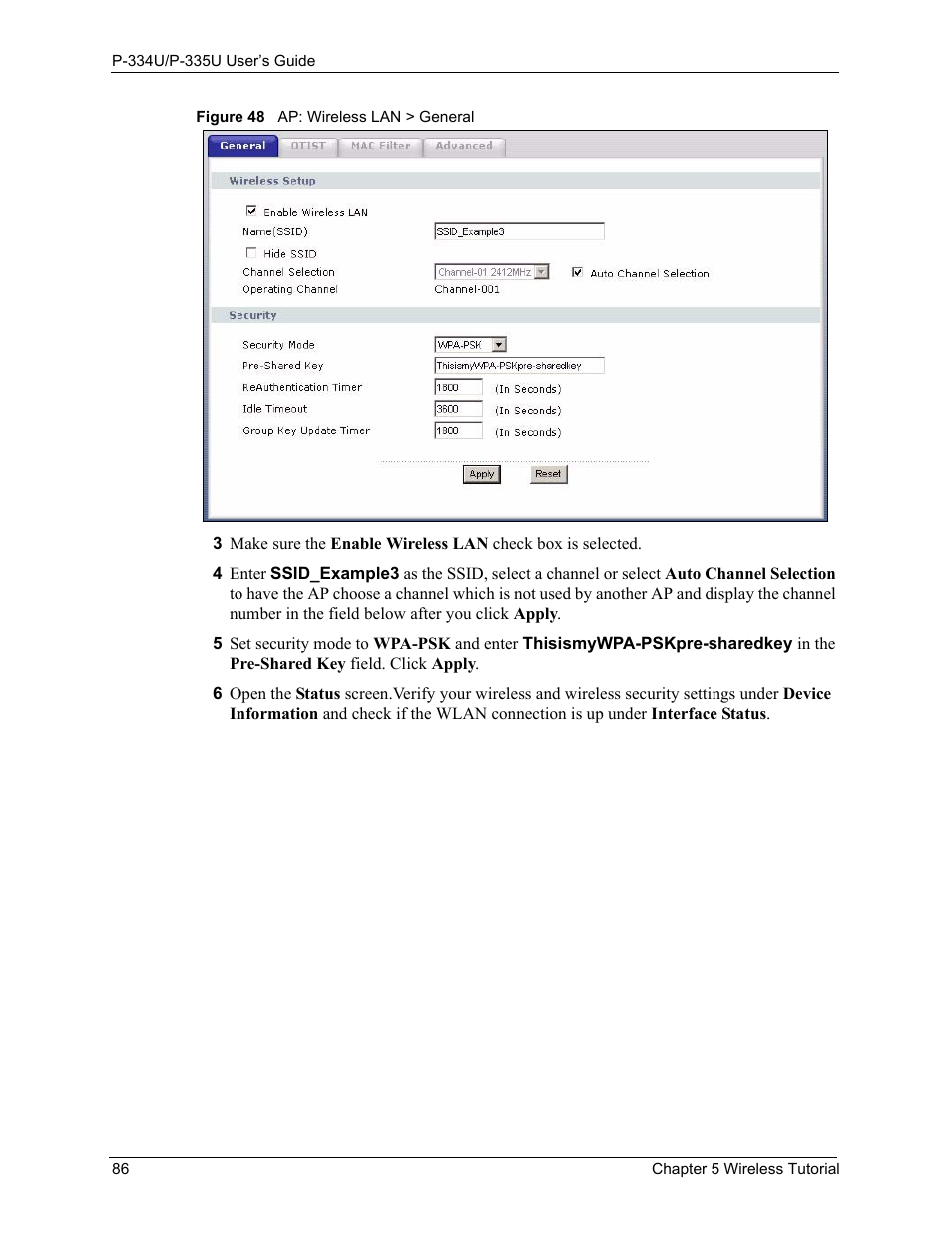 Figure 48 ap: wireless lan > general | ZyXEL Communications P-334U User Manual | Page 86 / 335