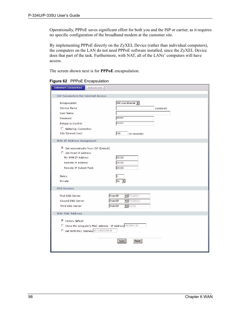 Figure 62 pppoe encapsulation | ZyXEL Communications P-334U User Manual | Page 98 / 335