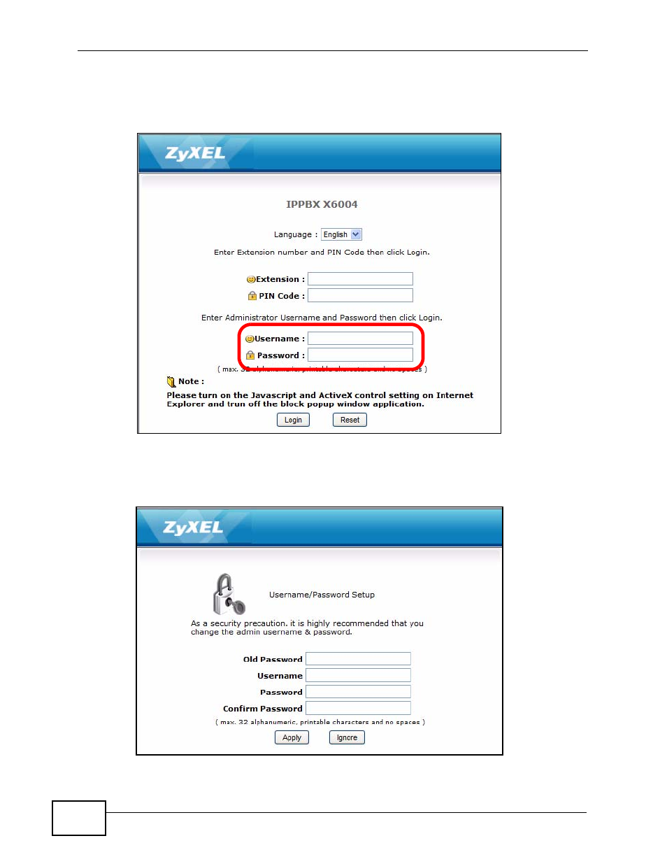 Figure 36 web configurator: login | ZyXEL Communications IP PBX X6004 User Manual | Page 116 / 592