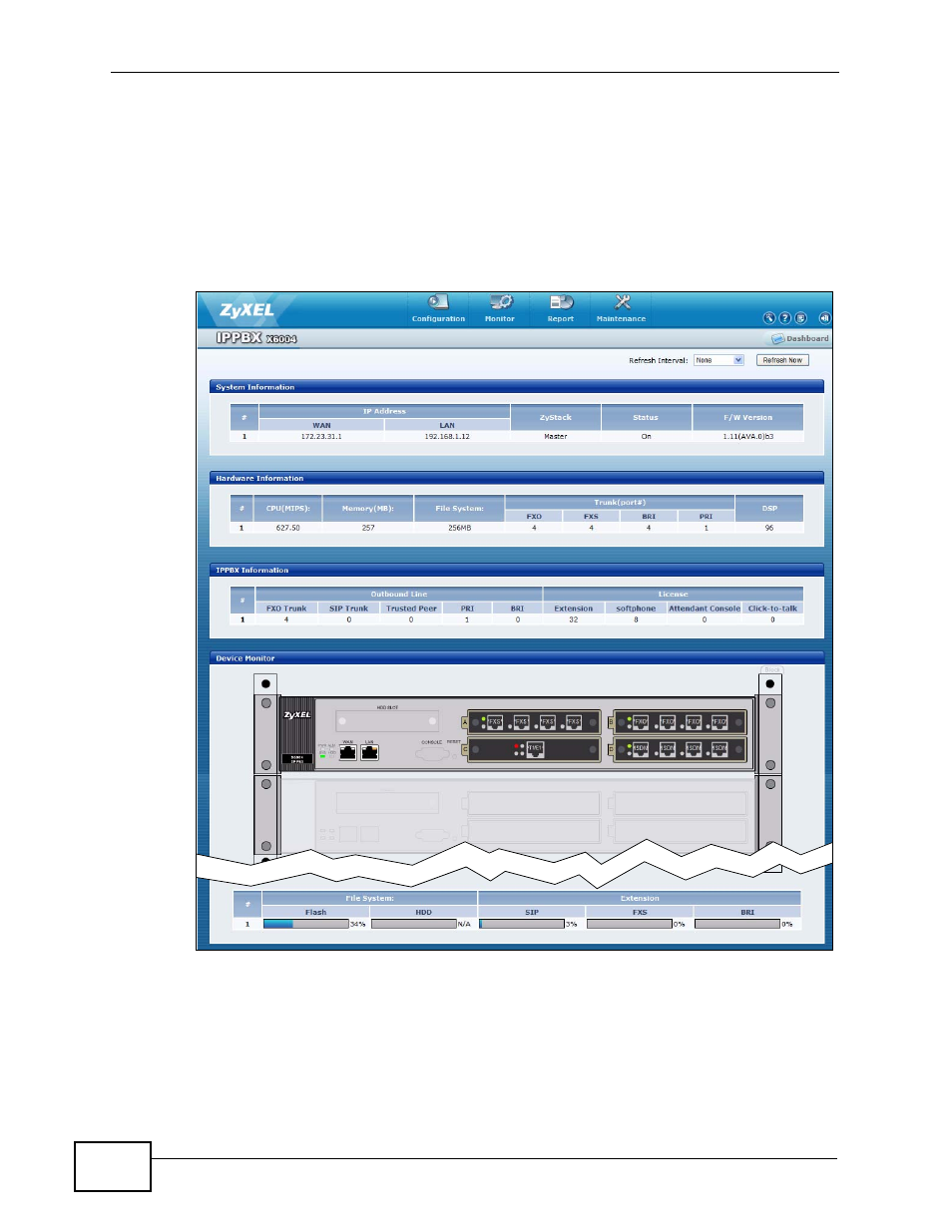 4 dashboard - system information, Figure 38 dashboard | ZyXEL Communications IP PBX X6004 User Manual | Page 122 / 592