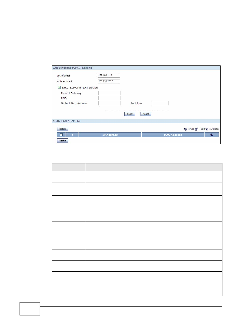 2 the lan screen, Figure 42 network > lan, Table 13 network > lan | Section 5.2 | ZyXEL Communications IP PBX X6004 User Manual | Page 130 / 592