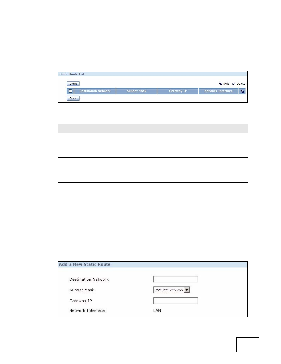 1 configuring the static route screen, 2 adding a static route, Figure 48 network > static route | Figure 49 static route > add, Table 18 network > static route | ZyXEL Communications IP PBX X6004 User Manual | Page 137 / 592