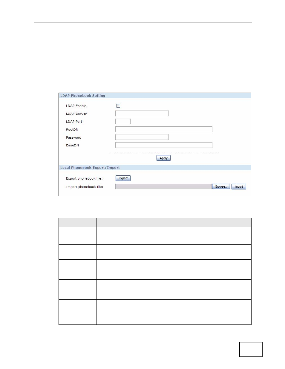 2 the phonebook configuration screen, Figure 82 phonebook > configuration, Table 44 phonebook > configuration | ZyXEL Communications IP PBX X6004 User Manual | Page 197 / 592