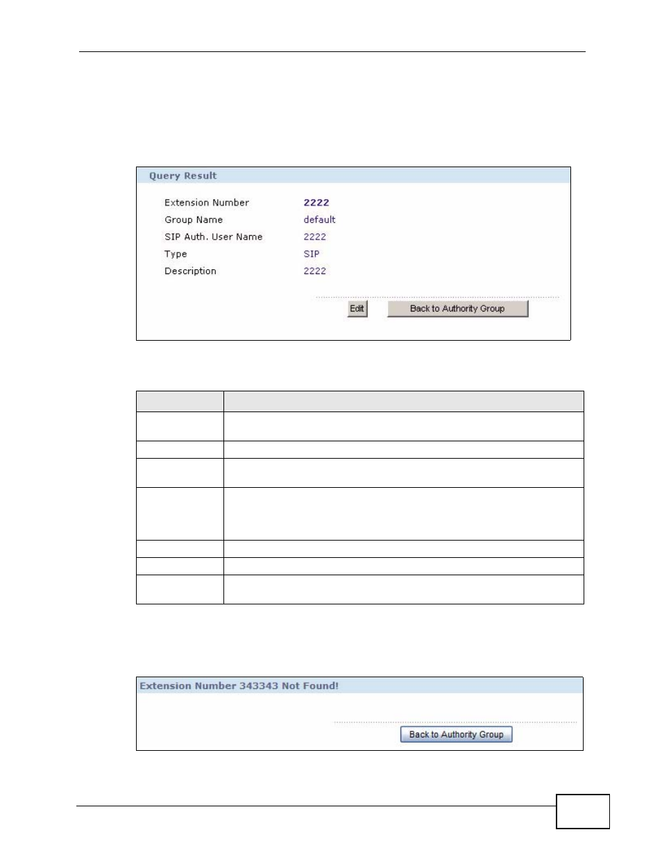 1 the extension query result screen, Figure 94 extension query result example, Figure 95 extension number not found | Table 51 extension query result | ZyXEL Communications IP PBX X6004 User Manual | Page 217 / 592