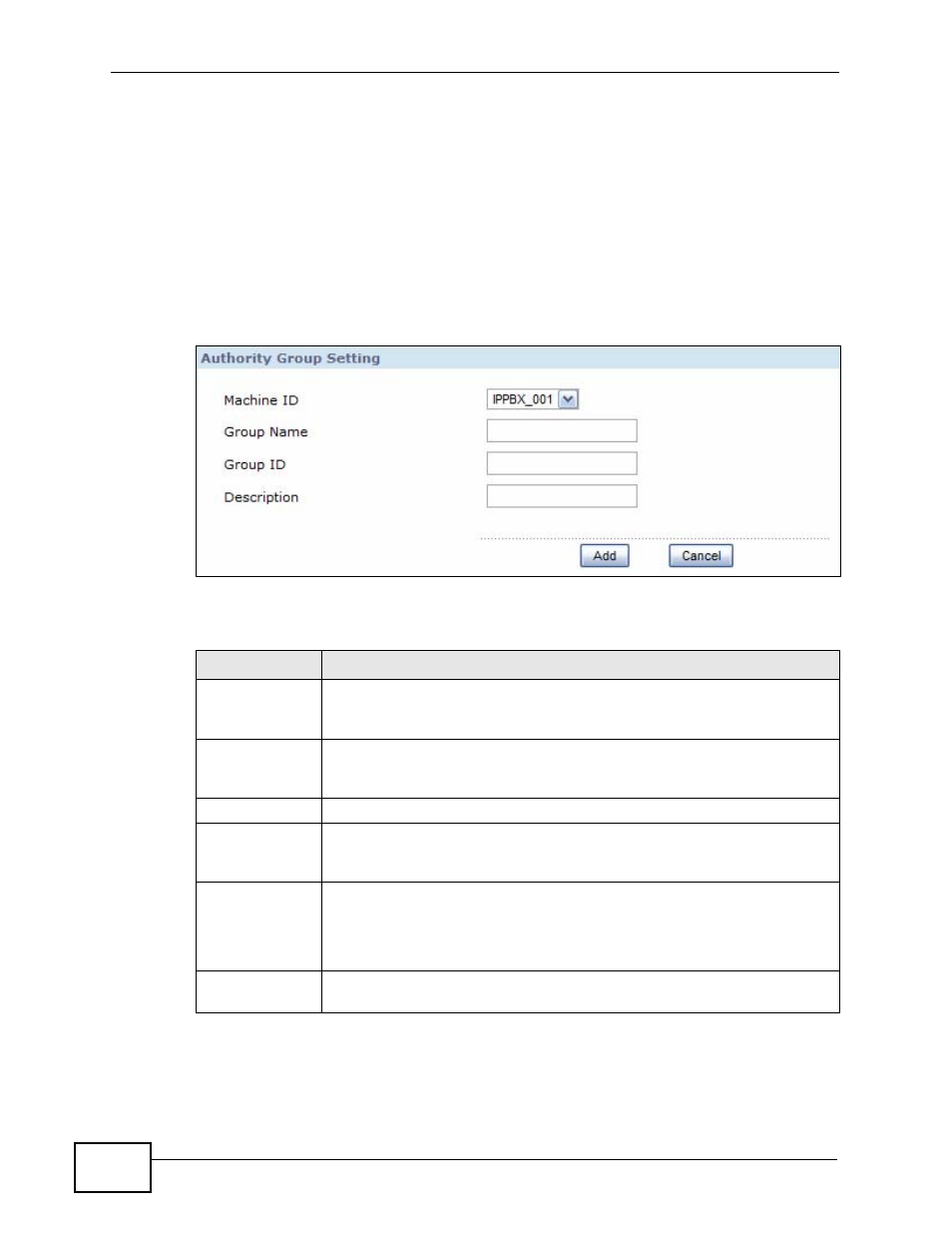 2 the add/edit authority group screen, Figure 96 add/edit authority group, Table 52 add/edit authority group | ZyXEL Communications IP PBX X6004 User Manual | Page 218 / 592