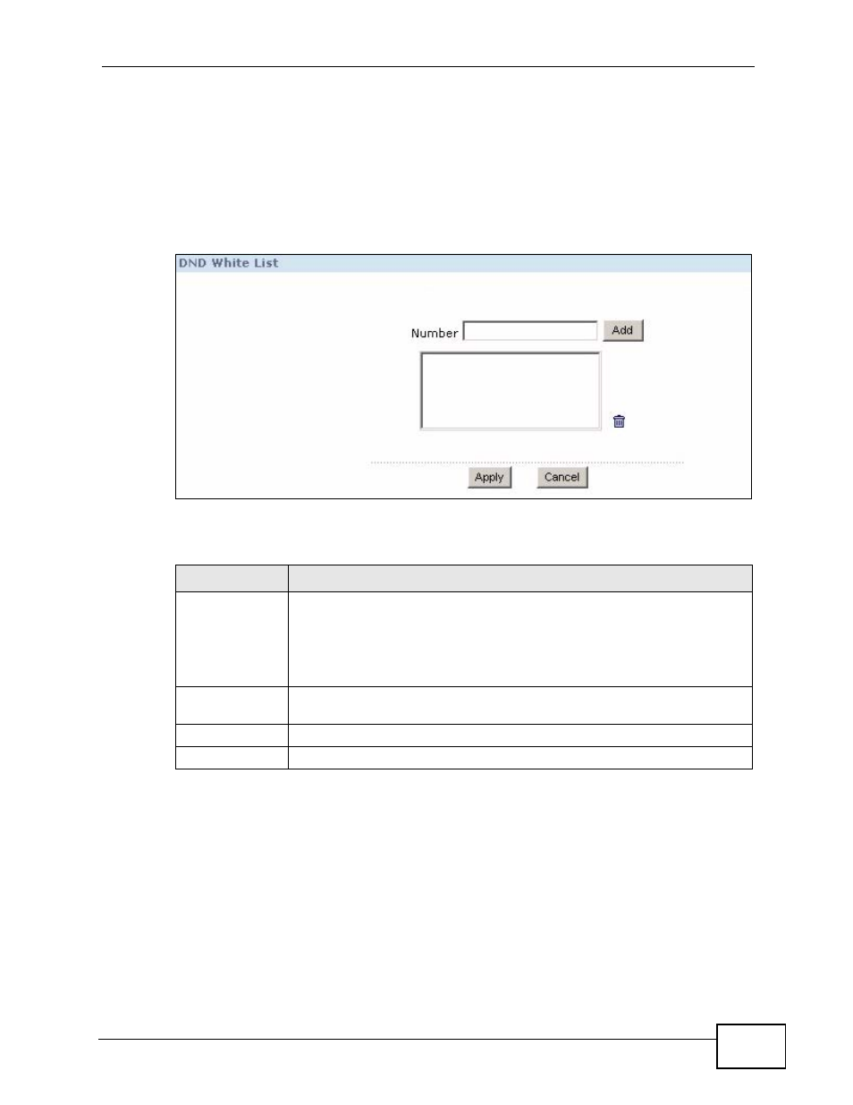 5 the dnd white list screen, Figure 102 dnd white list, Table 58 dnd white list | ZyXEL Communications IP PBX X6004 User Manual | Page 229 / 592