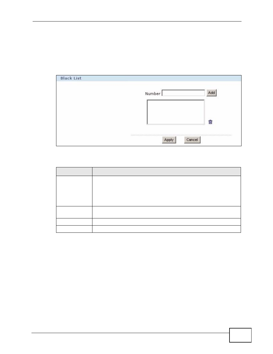 7 the blacklist screen, Figure 104 black list, Table 60 black list | ZyXEL Communications IP PBX X6004 User Manual | Page 231 / 592