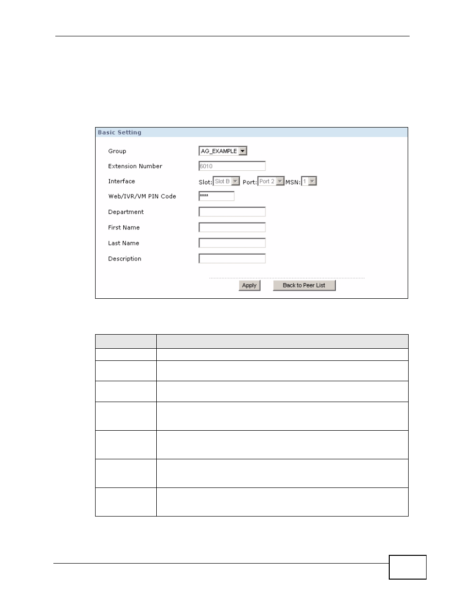 17 configure bri extensions: the basic screen, Figure 113 bri extension: basic, Table 68 bri extension: basic | Section | ZyXEL Communications IP PBX X6004 User Manual | Page 241 / 592