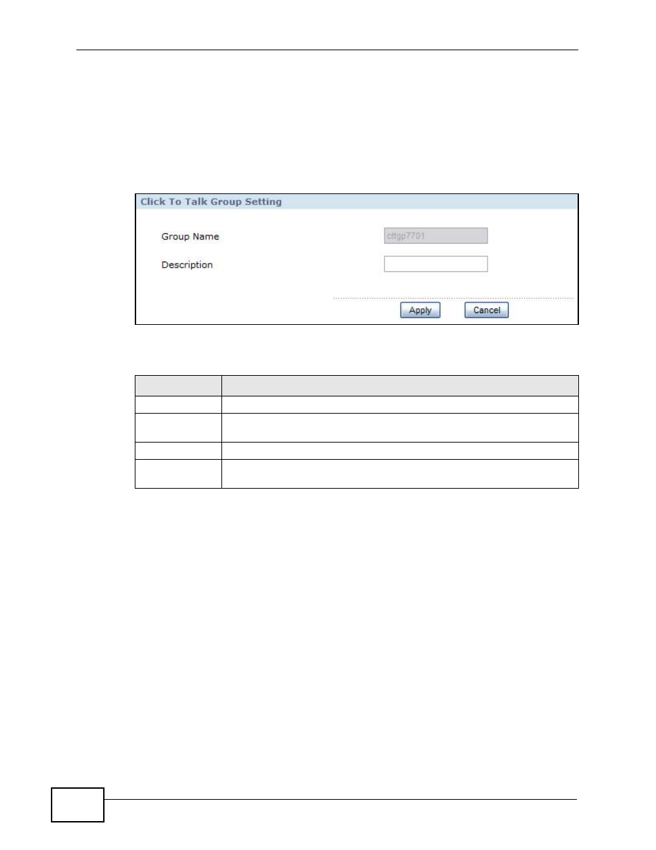 2 edit a click-to-talk group, Figure 129 click-to-talk group settings, Table 81 click-to-talk group settings | ZyXEL Communications IP PBX X6004 User Manual | Page 264 / 592