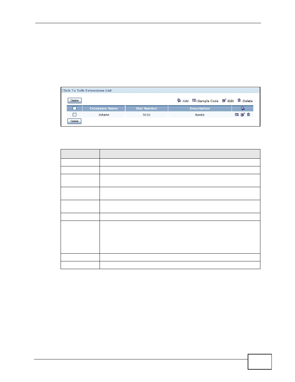 3 manage click-to-talk group extensions, Figure 130 click-to-talk group extensions list, Table 82 click-to-talk group extensions list | ZyXEL Communications IP PBX X6004 User Manual | Page 265 / 592