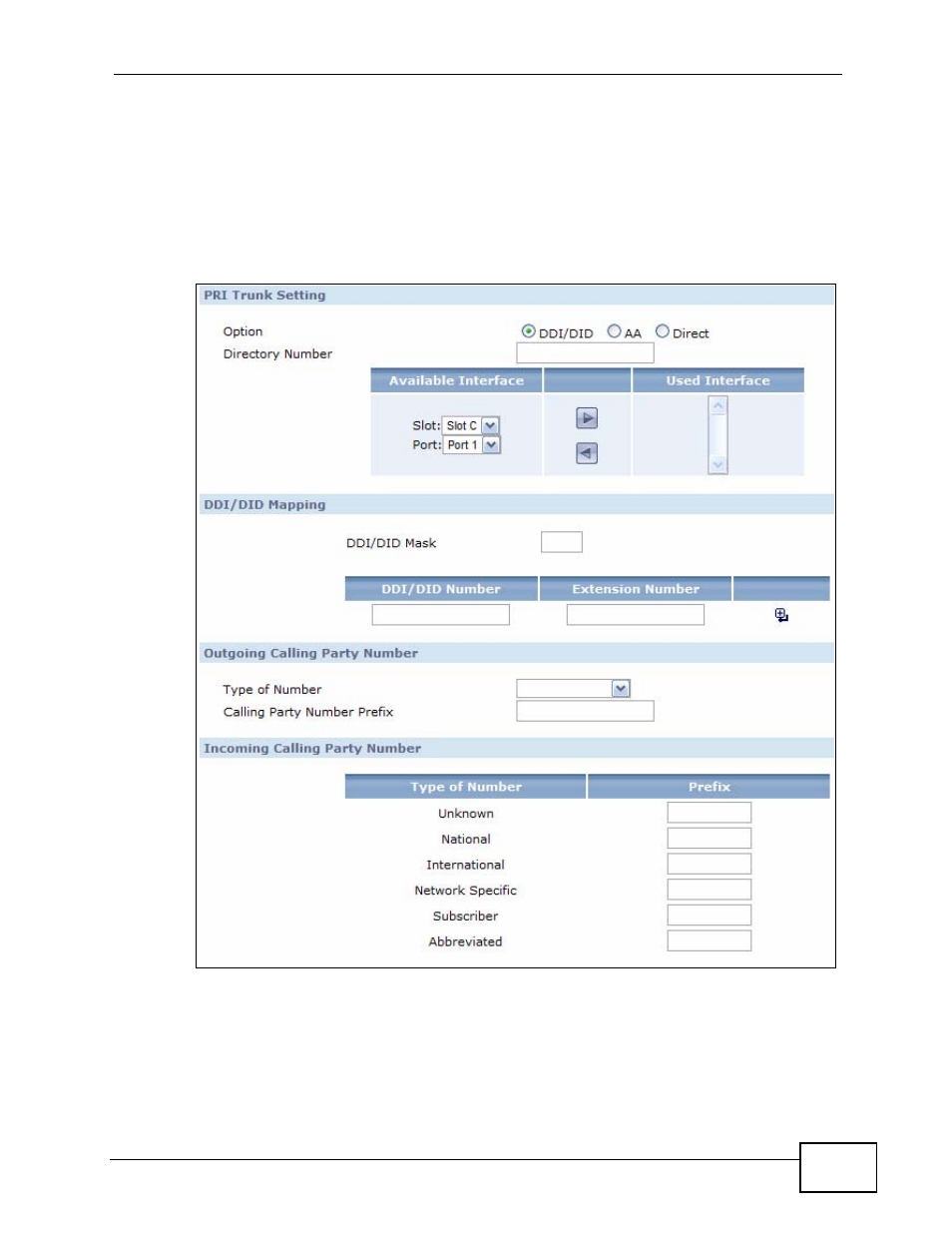 1 configure a pri trunk, Figure 146 configure a pri trunk - ddi/did | ZyXEL Communications IP PBX X6004 User Manual | Page 283 / 592