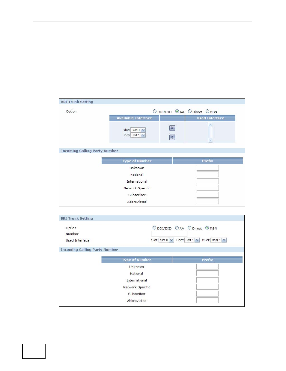 1 configure a bri trunk, Figure 151 configure a bri trunk - aa, Figure 152 configure a bri trunk - msn | ZyXEL Communications IP PBX X6004 User Manual | Page 288 / 592