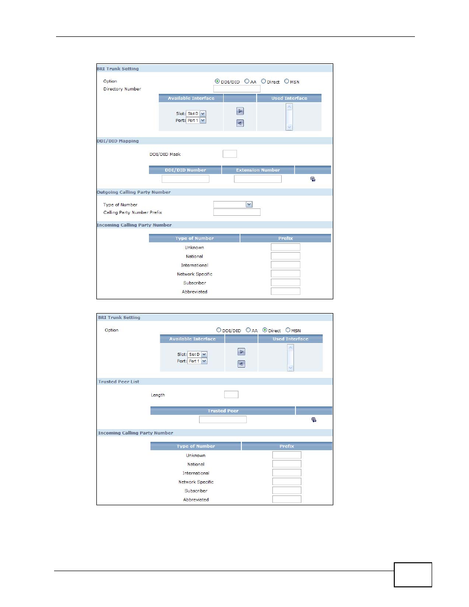 Figure 153 configure a bri trunk - ddi/did, Figure 154 configure a bri trunk - direct | ZyXEL Communications IP PBX X6004 User Manual | Page 289 / 592
