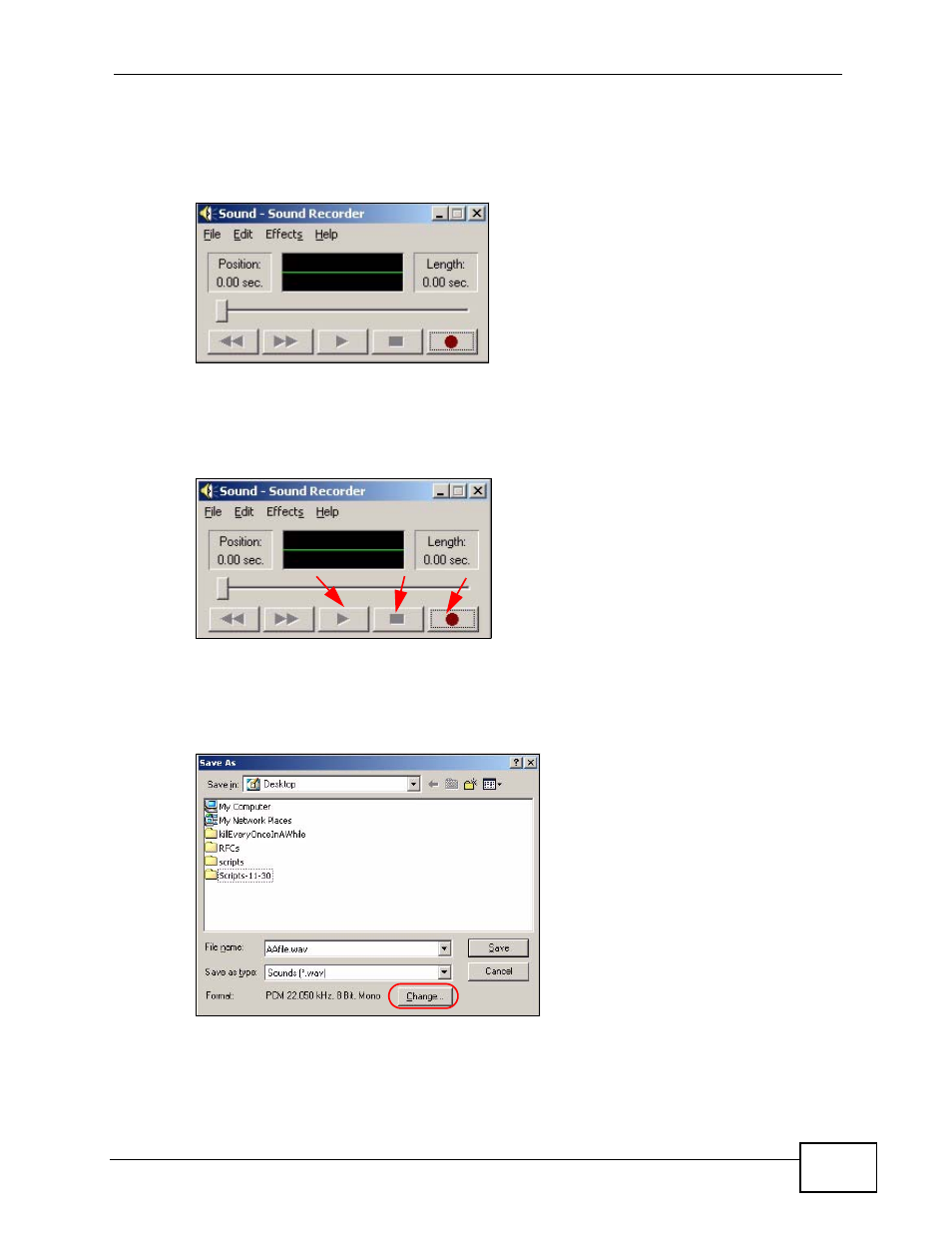 Figure 172 sound recorder, Figure 173 recording audio, Figure 174 saving audio files | Ab c | ZyXEL Communications IP PBX X6004 User Manual | Page 321 / 592