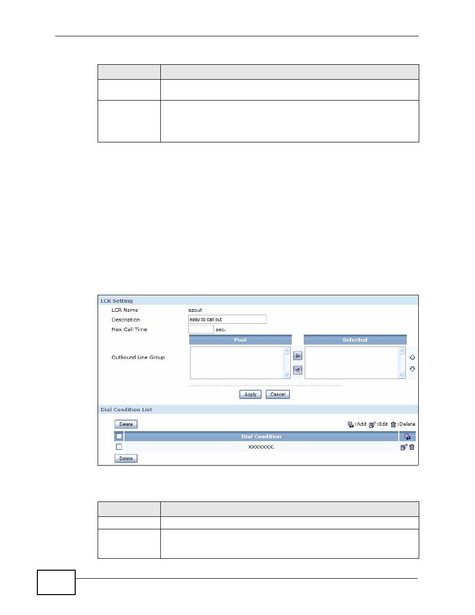 1 lcr configuration, Figure 180 lcr > ezout, Table 109 lcr > ezout | ZyXEL Communications IP PBX X6004 User Manual | Page 326 / 592
