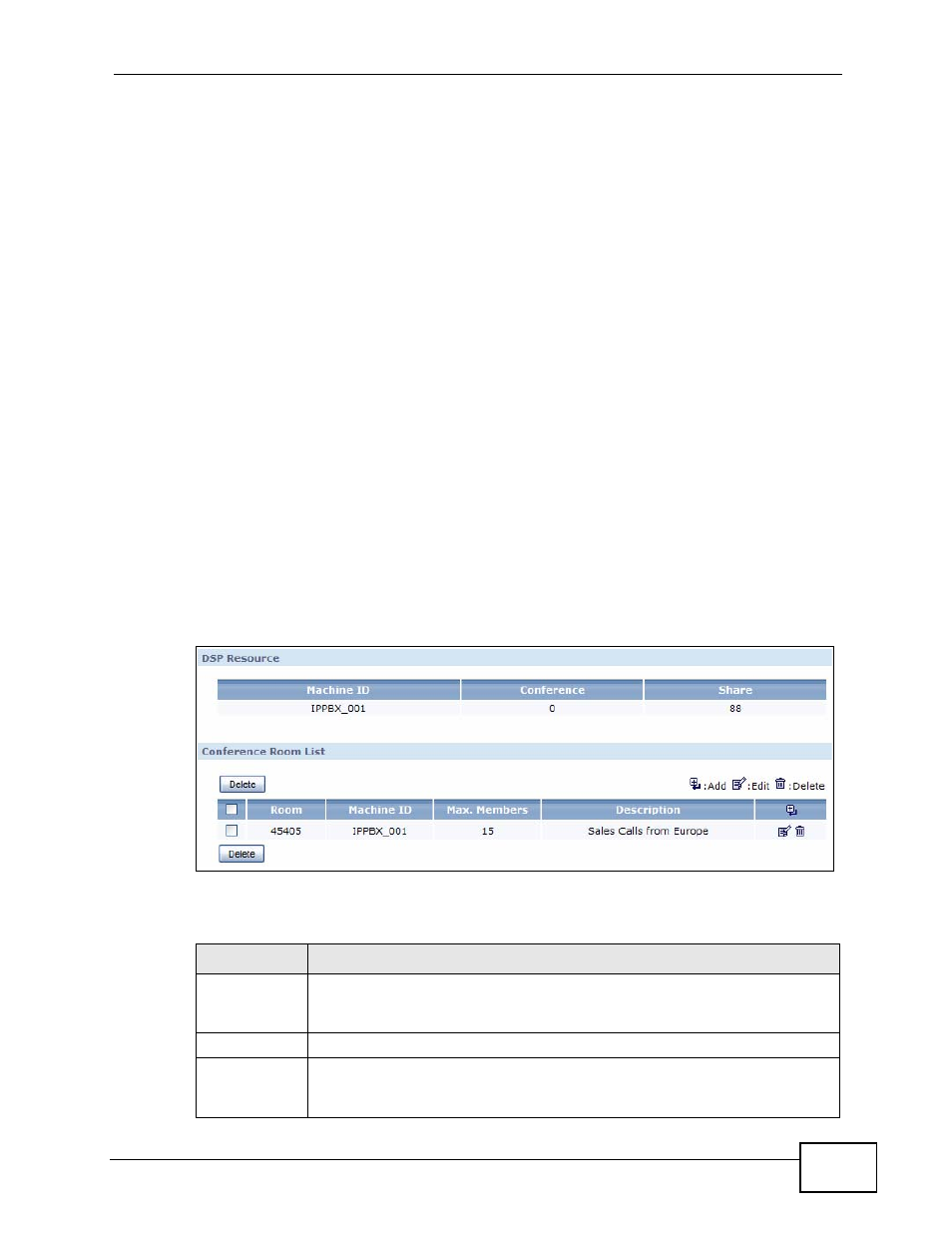 3 the conference calling screen, 1 configuring the conference calling screen, Figure 193 call services > meet-me conference | Table 115 call services > meet-me conference, Section 22.3 on | ZyXEL Communications IP PBX X6004 User Manual | Page 345 / 592