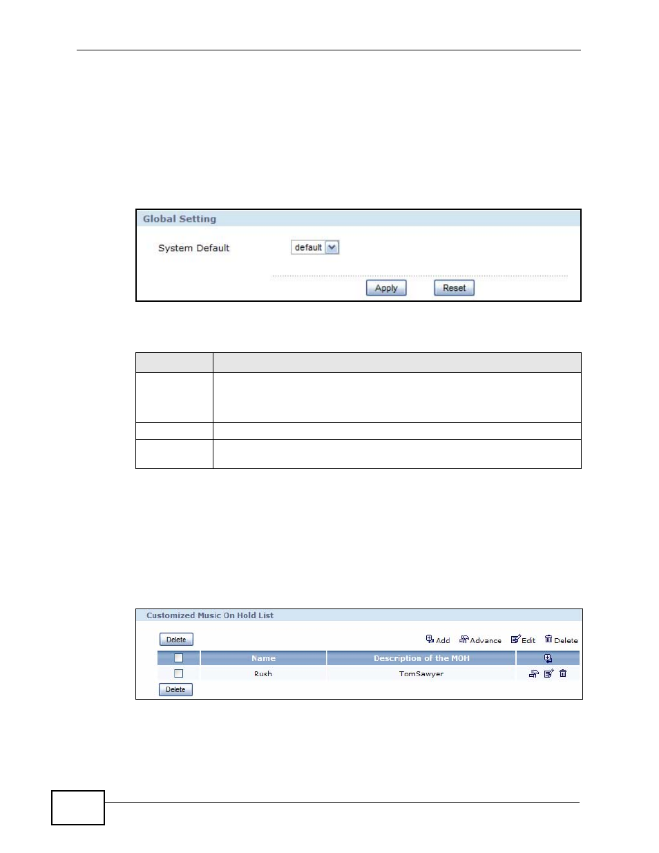 1 global setting screen, 2 custom music on hold, Figure 195 music on hold: global settingt | Figure 196 customized music on hold, Table 118 music on hold global setting | ZyXEL Communications IP PBX X6004 User Manual | Page 348 / 592