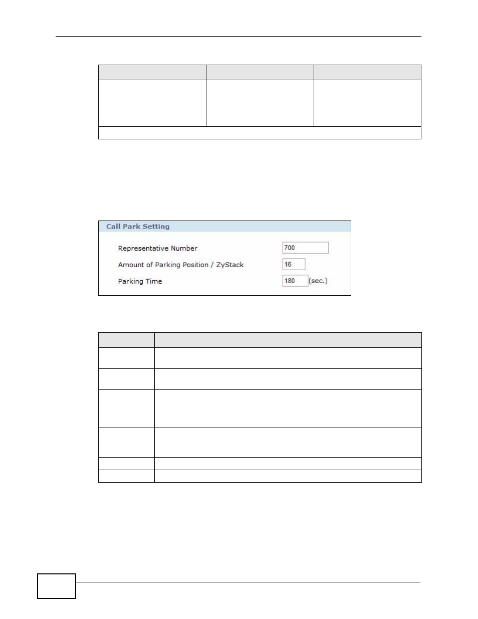 1 configuring the call parking screen, Figure 202 call parking configuration, Table 125 call parking configuration | ZyXEL Communications IP PBX X6004 User Manual | Page 354 / 592