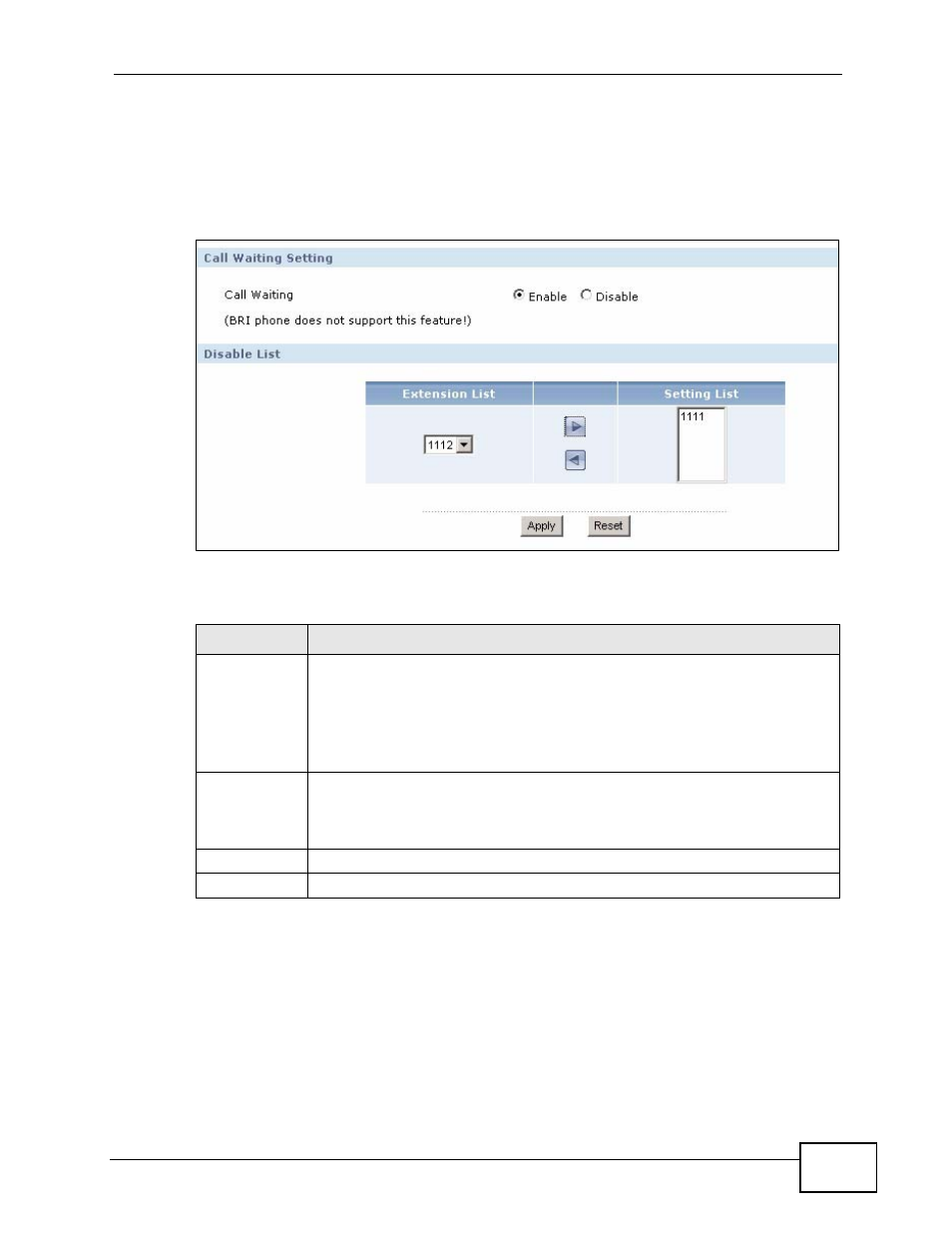 1 configuring the call waiting screen, Figure 205 call waiting setting, Table 128 call waiting setting | ZyXEL Communications IP PBX X6004 User Manual | Page 357 / 592
