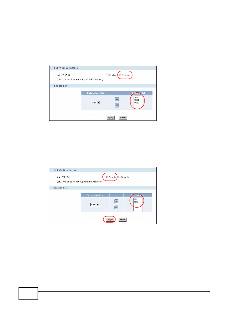 2 call waiting example - 1, 3 call waiting example - 2, Figure 206 call waiting example1 | Figure 207 call waiting example2 | ZyXEL Communications IP PBX X6004 User Manual | Page 358 / 592