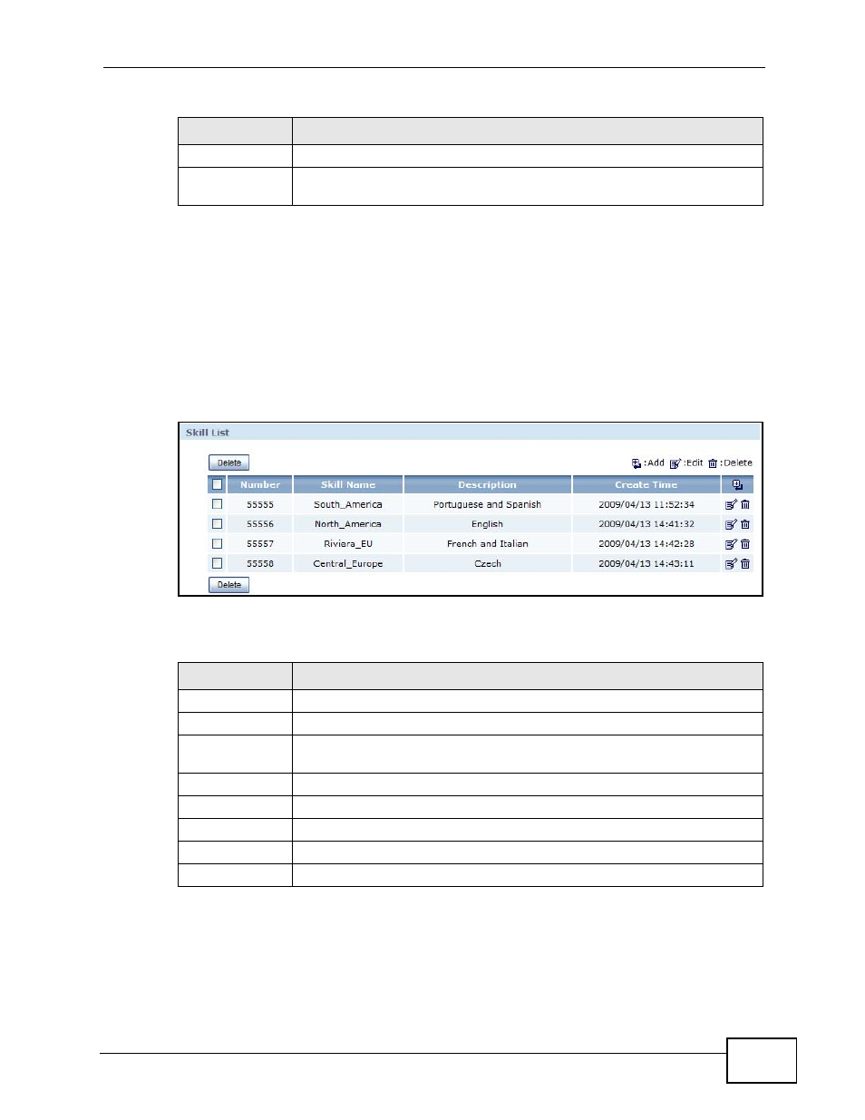 4 the skill screen, Figure 222 acd > skill list, Table 139 acd > skill list | ZyXEL Communications IP PBX X6004 User Manual | Page 377 / 592