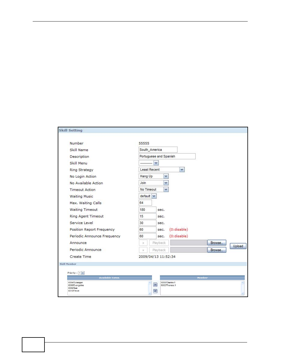 1 the skill settings screen, Figure 223 skill > skill setting, On, see | Section | ZyXEL Communications IP PBX X6004 User Manual | Page 378 / 592