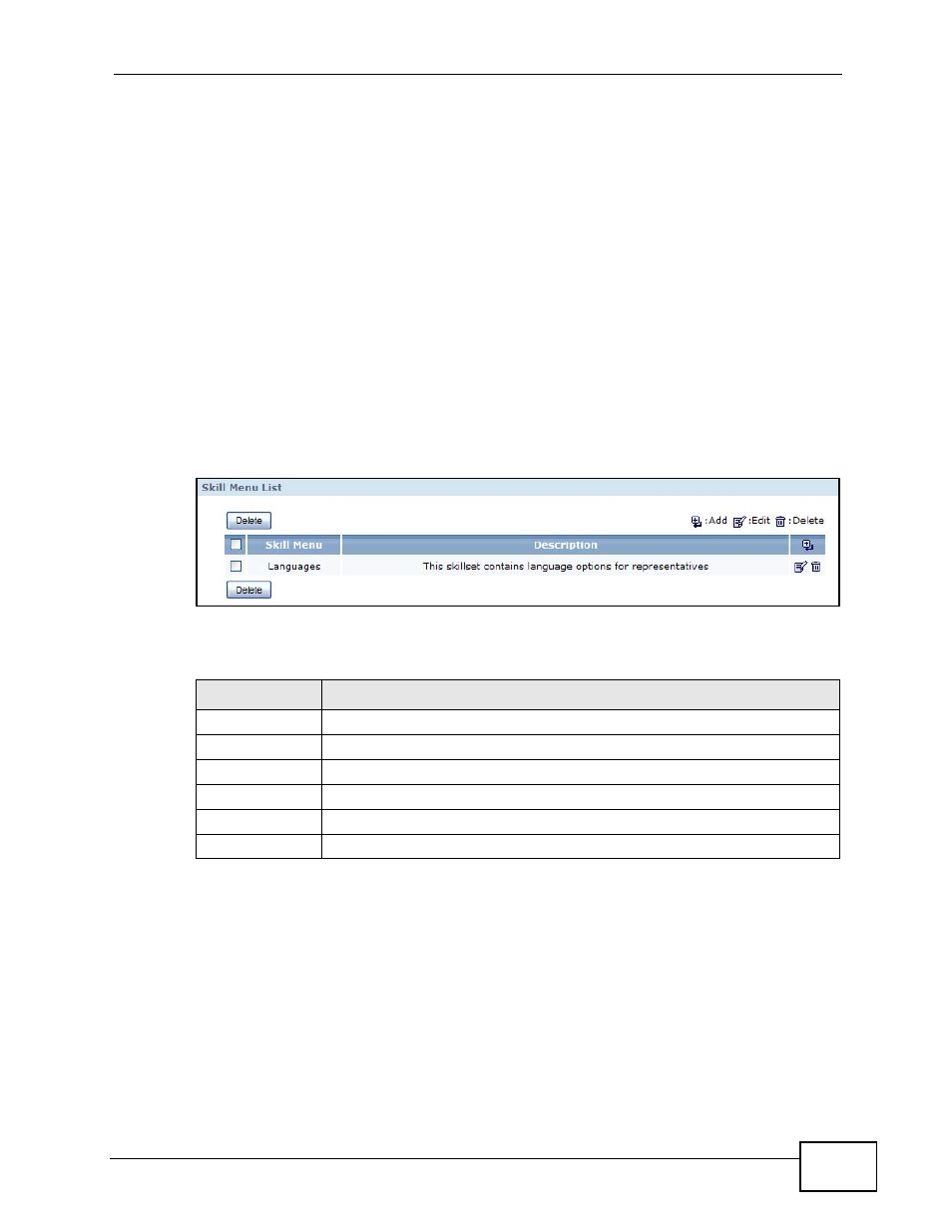 5 the skill menu screen, Figure 224 acd > skill menu, Table 141 acd > skill menu | ZyXEL Communications IP PBX X6004 User Manual | Page 383 / 592