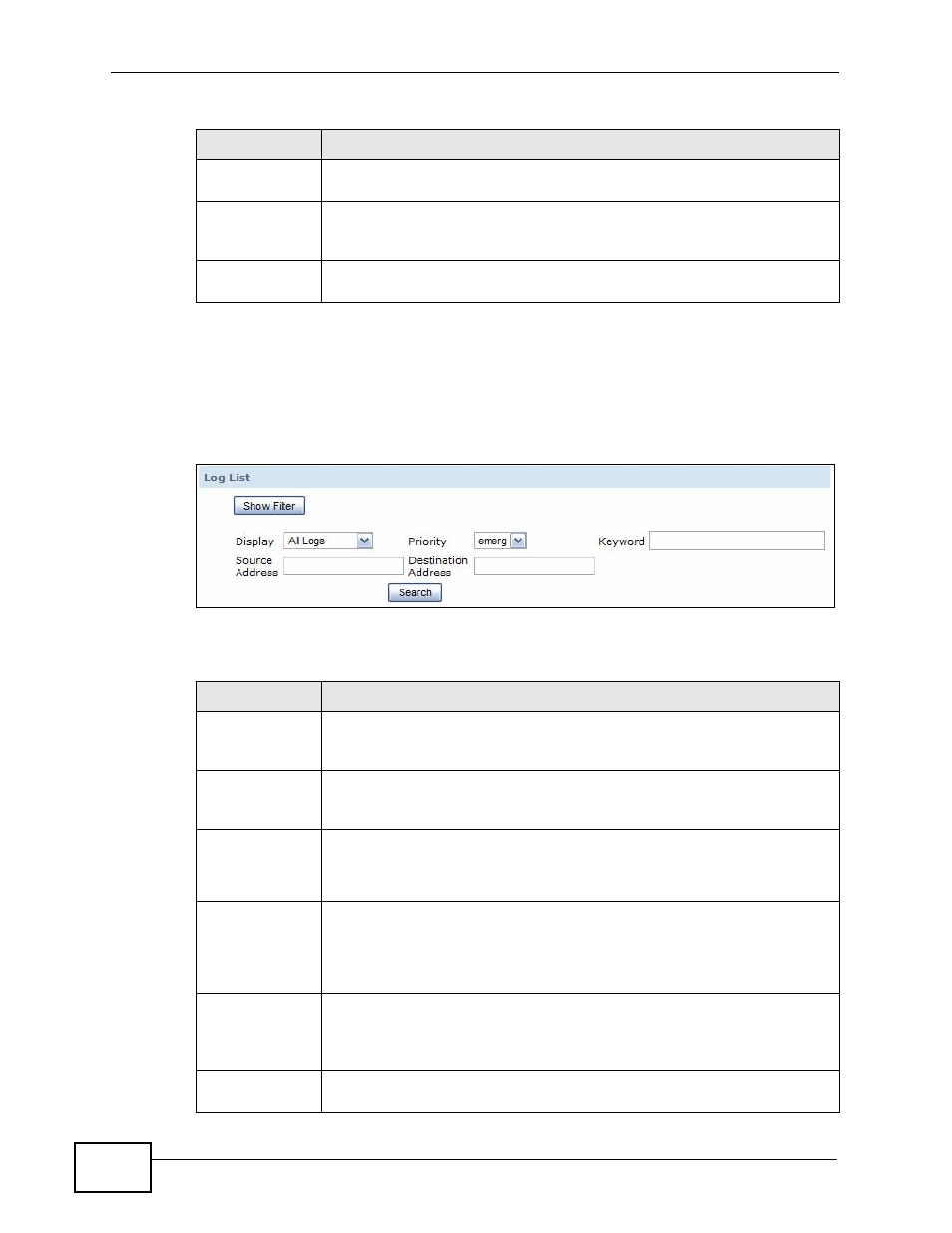 1 filter log results screen, Figure 237 system log > view log: show filter, Table 155 system log > view log: show filter | ZyXEL Communications IP PBX X6004 User Manual | Page 408 / 592
